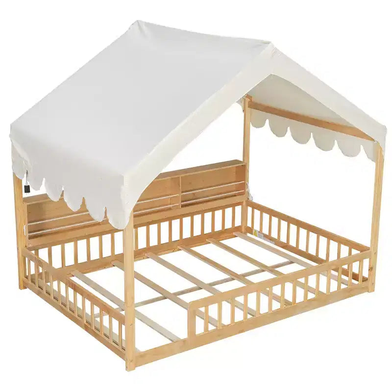 Full Size Wooden Floor Bed Frame, House-Shaped Daybed with Fense, 3 Storage Bookshelves, Curtain