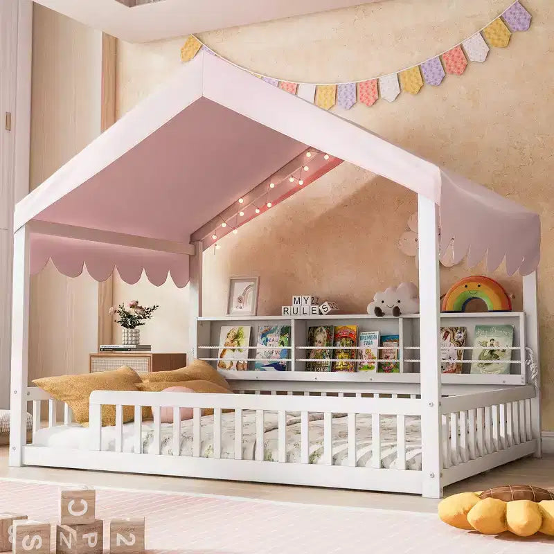 Full Size Wooden Floor Bed Frame, House-Shaped Daybed with Fense, 3 Storage Bookshelves, Curtain