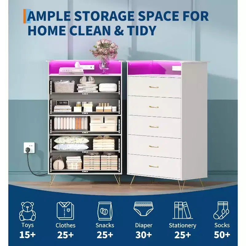 5-Drawer Smart Dresser with RGB LED & Charging, App-Controlled Storage Chest for Bedroom & Living Room