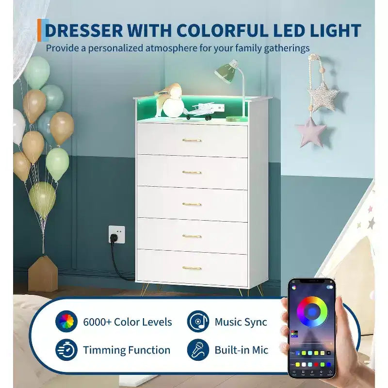 5-Drawer Smart Dresser with RGB LED & Charging, App-Controlled Storage Chest for Bedroom & Living Room