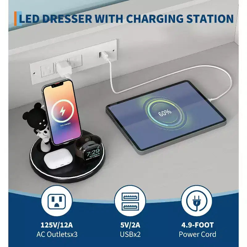5-Drawer Smart Dresser with RGB LED & Charging, App-Controlled Storage Chest for Bedroom & Living Room