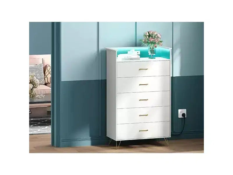 5-Drawer Smart Dresser with RGB LED & Charging, App-Controlled Storage Chest for Bedroom & Living Room