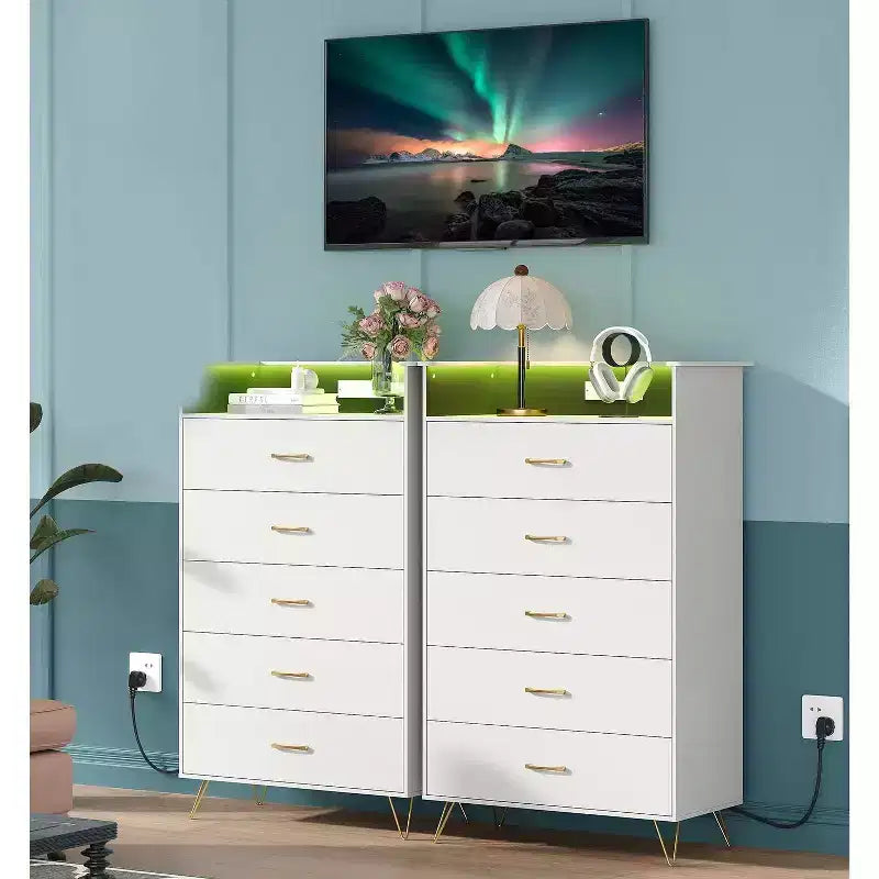 5-Drawer Smart Dresser with RGB LED & Charging, App-Controlled Storage Chest for Bedroom & Living Room