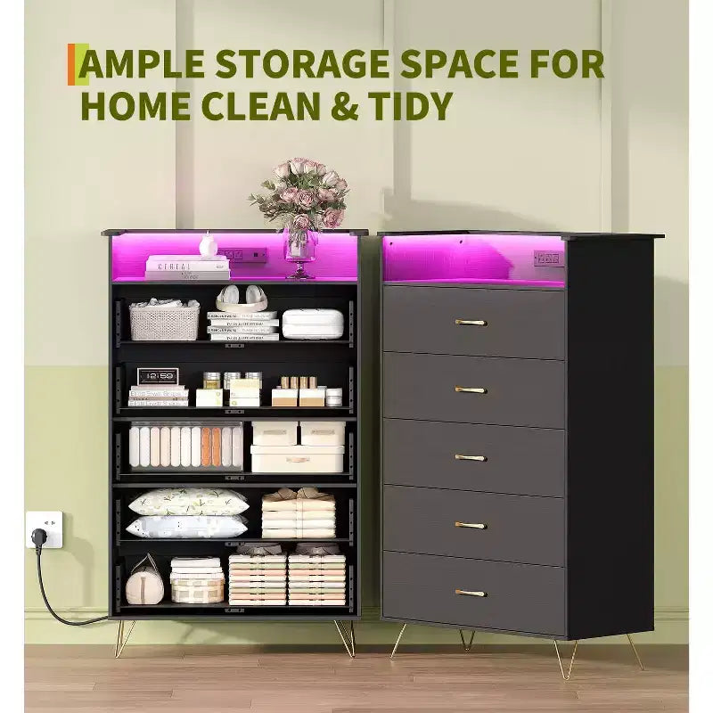 5-Drawer Smart Dresser with RGB LED & Charging, App-Controlled Storage Chest for Bedroom & Living Room
