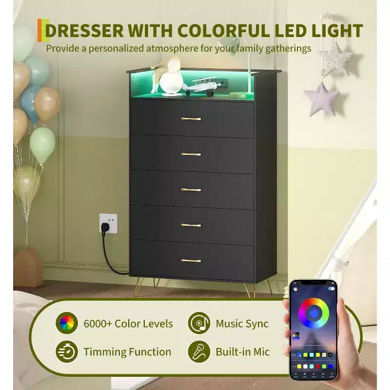 5-Drawer Smart Dresser with RGB LED & Charging, App-Controlled Storage Chest for Bedroom & Living Room