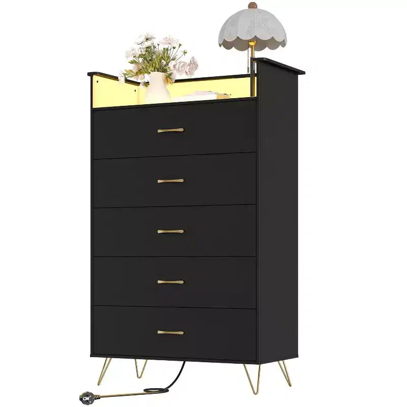5-Drawer Smart Dresser with RGB LED & Charging, App-Controlled Storage Chest for Bedroom & Living Room