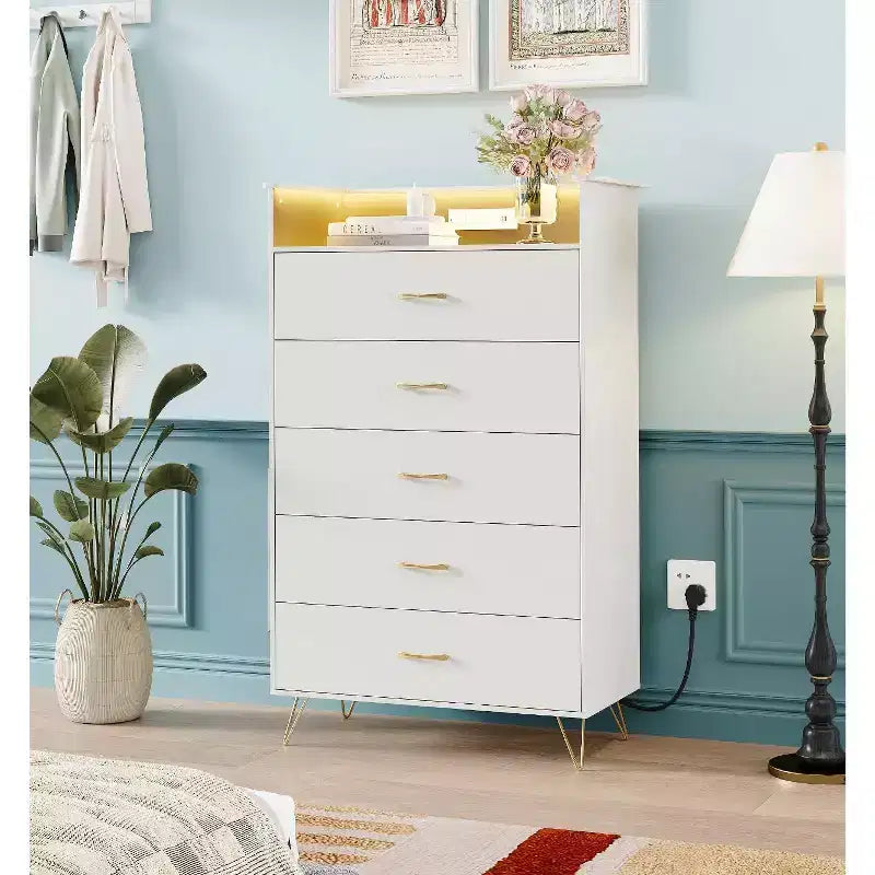 5-Drawer Smart Dresser with RGB LED & Charging, App-Controlled Storage Chest for Bedroom & Living Room