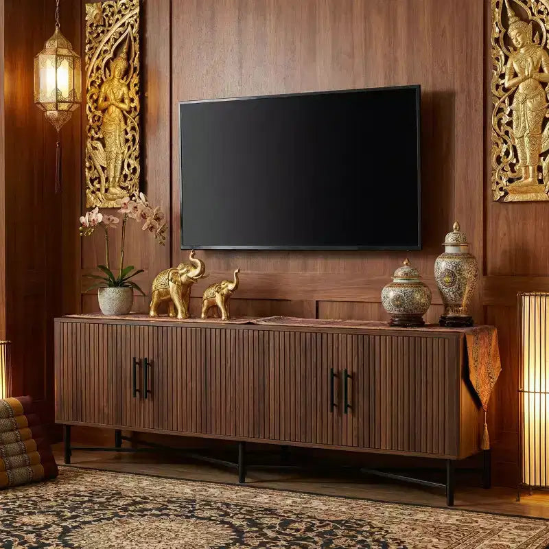 Medieval Modern Multimedia TV Stand with Four Doors Features two adjustable storage shelves Suitable for TVs up to 65 inchesChestnut