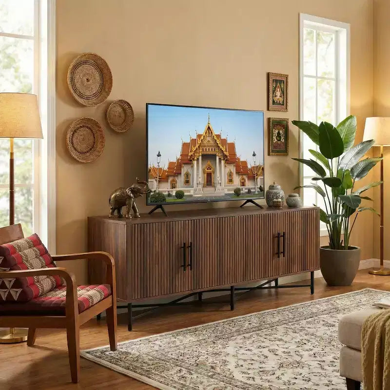 Medieval Modern Multimedia TV Stand with Four Doors Features two adjustable storage shelves Suitable for TVs up to 65 inchesChestnut