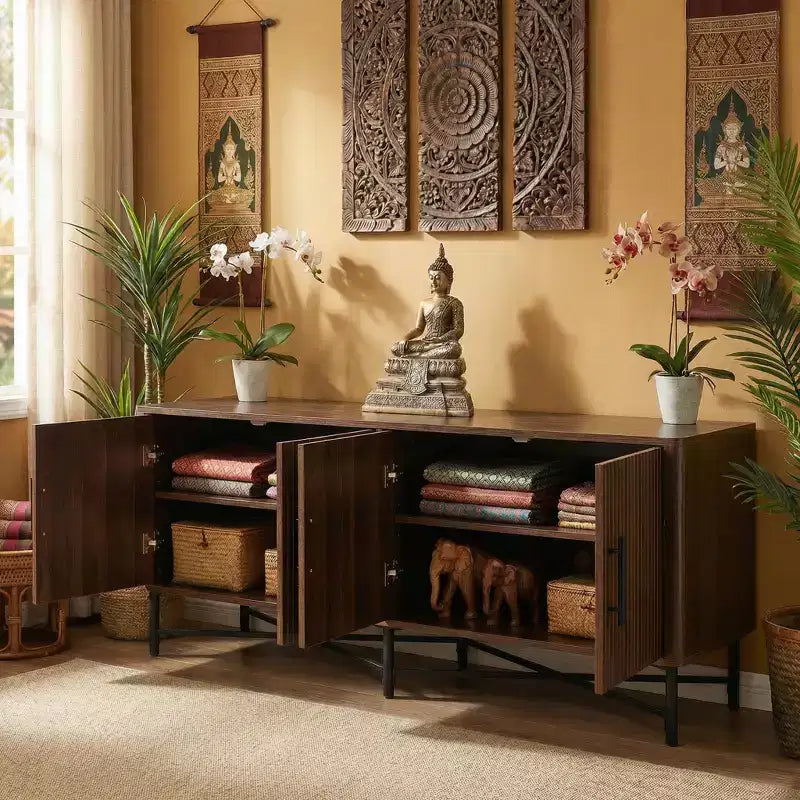 Medieval Modern Multimedia TV Stand with Four Doors Features two adjustable storage shelves Suitable for TVs up to 65 inchesChestnut