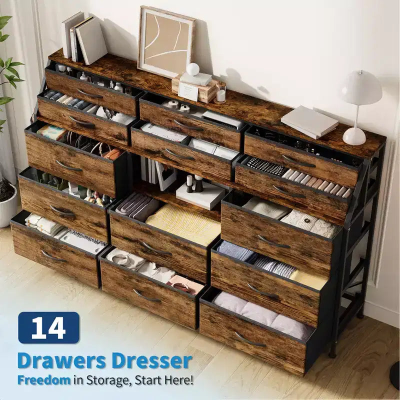 Black/White Dresser for Bedroom, 55 Wide Modern Dresser TV Stand with 14 Fabric Drawers, Large Clothing Storage Cabinet, Drawers Organizer