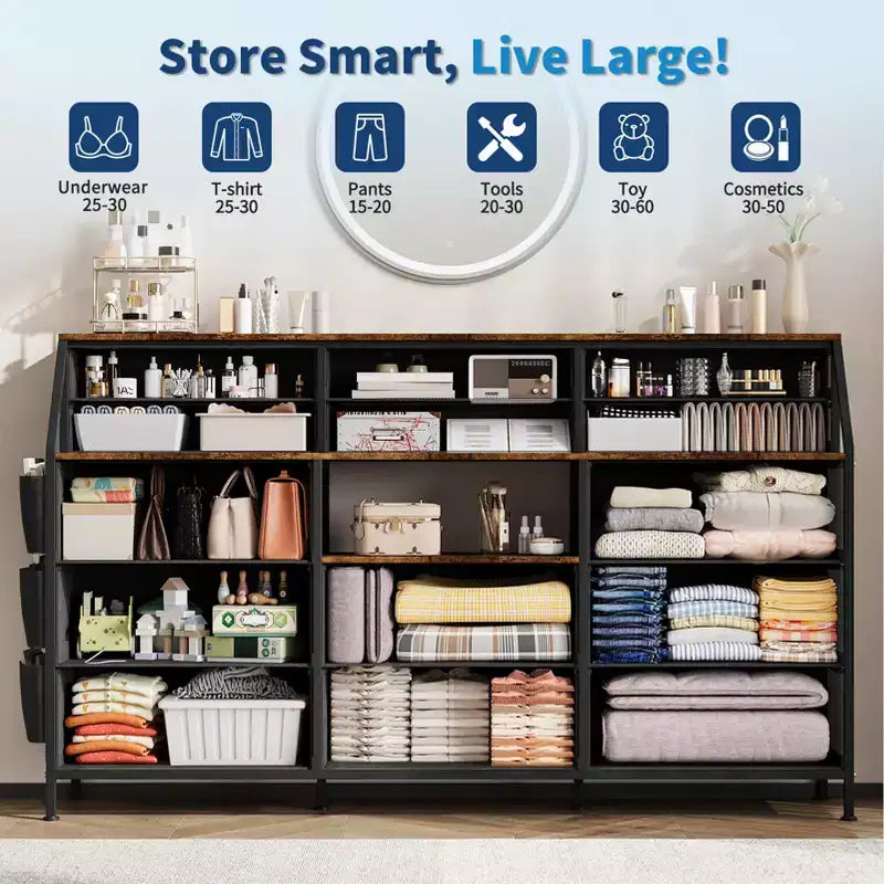 Black/White Dresser for Bedroom, 55 Wide Modern Dresser TV Stand with 14 Fabric Drawers, Large Clothing Storage Cabinet, Drawers Organizer