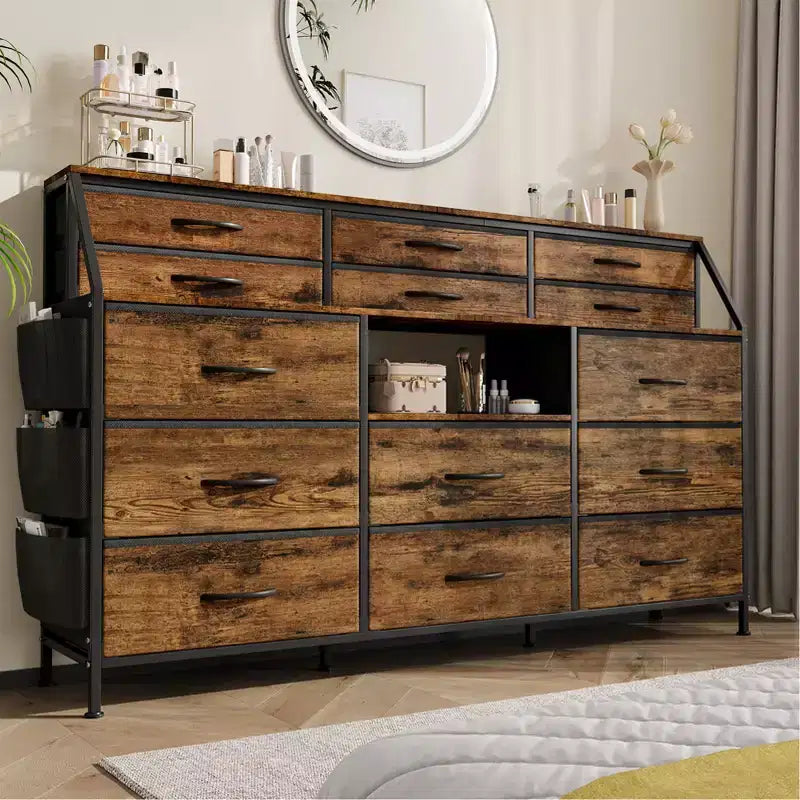 Black/White Dresser for Bedroom, 55 Wide Modern Dresser TV Stand with 14 Fabric Drawers, Large Clothing Storage Cabinet, Drawers Organizer
