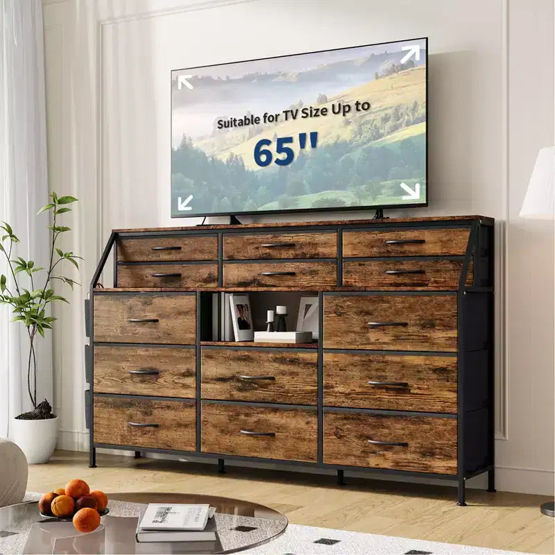 Black/White Dresser for Bedroom, 55 Wide Modern Dresser TV Stand with 14 Fabric Drawers, Large Clothing Storage Cabinet, Drawers Organizer