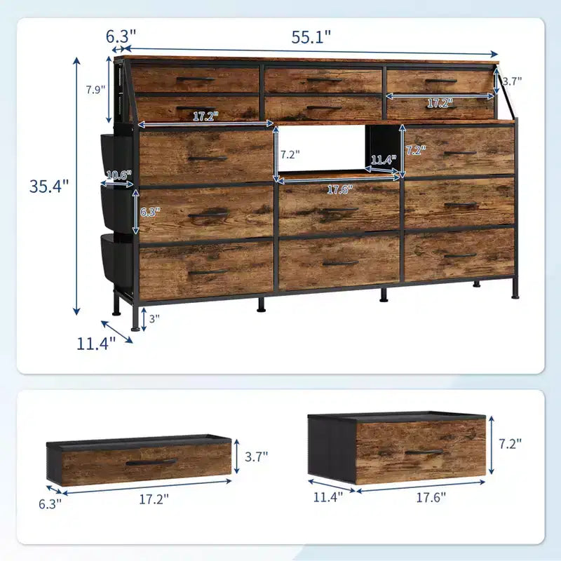 Black/White Dresser for Bedroom, 55 Wide Modern Dresser TV Stand with 14 Fabric Drawers, Large Clothing Storage Cabinet, Drawers Organizer
