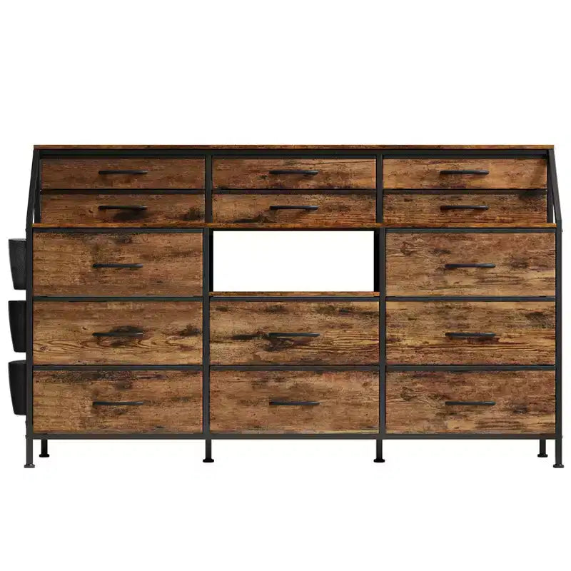 Black/White Dresser for Bedroom, 55 Wide Modern Dresser TV Stand with 14 Fabric Drawers, Large Clothing Storage Cabinet, Drawers Organizer