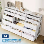 Black/White Dresser for Bedroom, 55 Wide Modern Dresser TV Stand with 14 Fabric Drawers, Large Clothing Storage Cabinet, Drawers Organizer