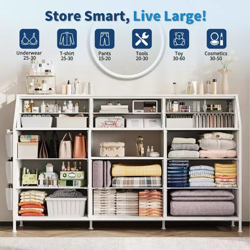 Black/White Dresser for Bedroom, 55 Wide Modern Dresser TV Stand with 14 Fabric Drawers, Large Clothing Storage Cabinet, Drawers Organizer