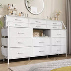 Black/White Dresser for Bedroom, 55 Wide Modern Dresser TV Stand with 14 Fabric Drawers, Large Clothing Storage Cabinet, Drawers Organizer