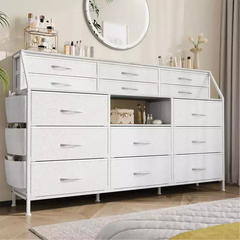 Black/White Dresser for Bedroom, 55 Wide Modern Dresser TV Stand with 14 Fabric Drawers, Large Clothing Storage Cabinet, Drawers Organizer