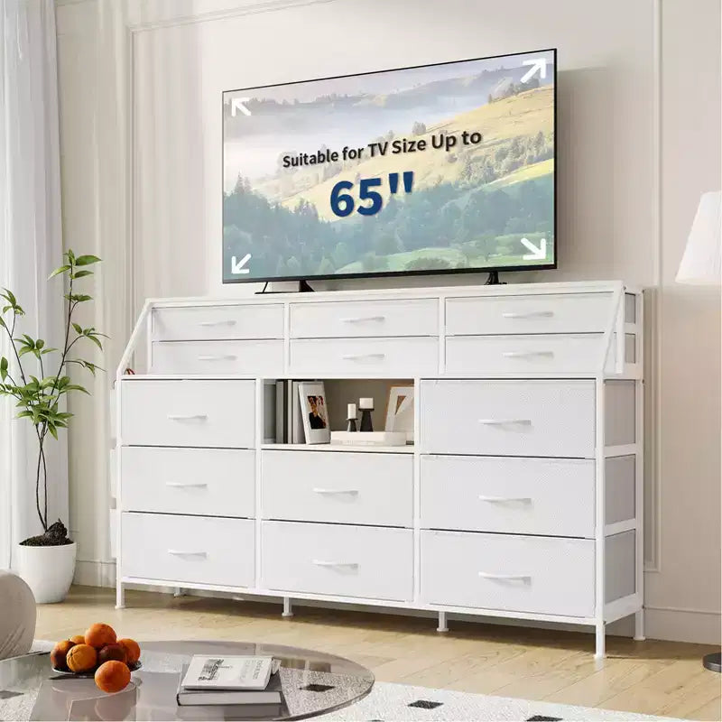 Black/White Dresser for Bedroom, 55 Wide Modern Dresser TV Stand with 14 Fabric Drawers, Large Clothing Storage Cabinet, Drawers Organizer