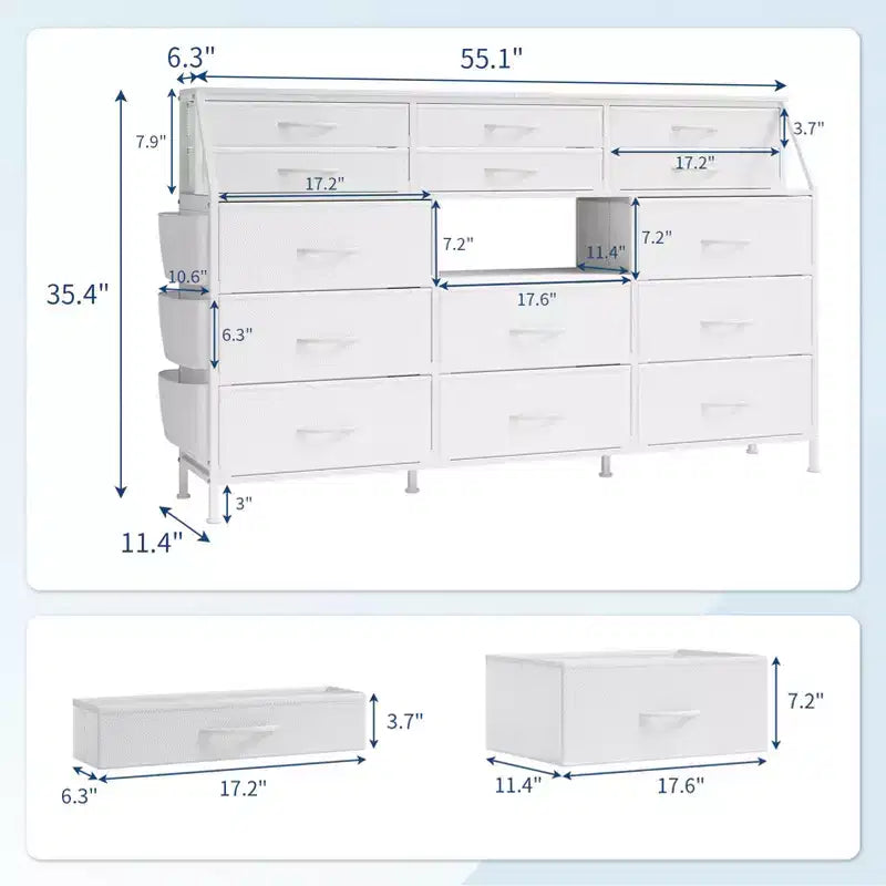 Black/White Dresser for Bedroom, 55 Wide Modern Dresser TV Stand with 14 Fabric Drawers, Large Clothing Storage Cabinet, Drawers Organizer