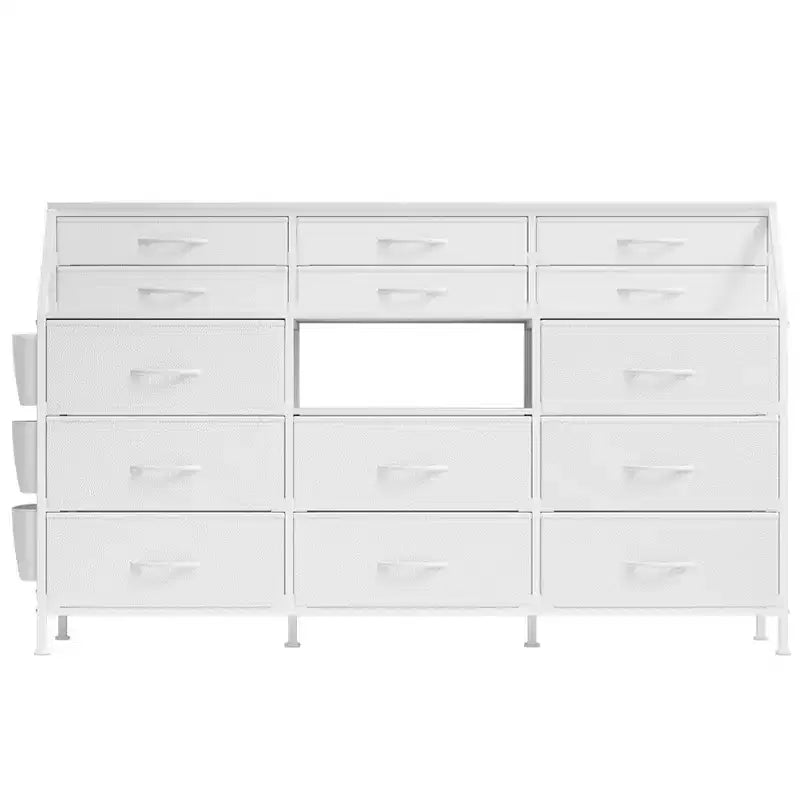 Black/White Dresser for Bedroom, 55 Wide Modern Dresser TV Stand with 14 Fabric Drawers, Large Clothing Storage Cabinet, Drawers Organizer