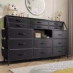 Black/White Dresser for Bedroom, 55 Wide Modern Dresser TV Stand with 14 Fabric Drawers, Large Clothing Storage Cabinet, Drawers Organizer
