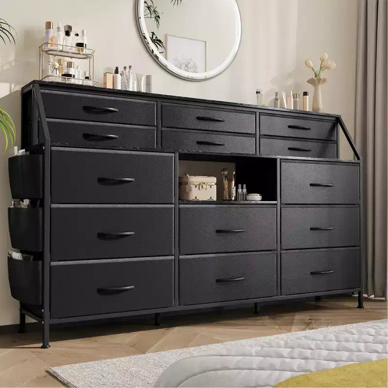 Black/White Dresser for Bedroom, 55 Wide Modern Dresser TV Stand with 14 Fabric Drawers, Large Clothing Storage Cabinet, Drawers Organizer