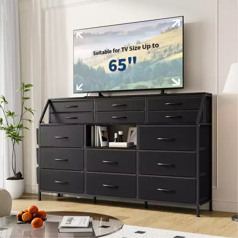 Black/White Dresser for Bedroom, 55 Wide Modern Dresser TV Stand with 14 Fabric Drawers, Large Clothing Storage Cabinet, Drawers Organizer