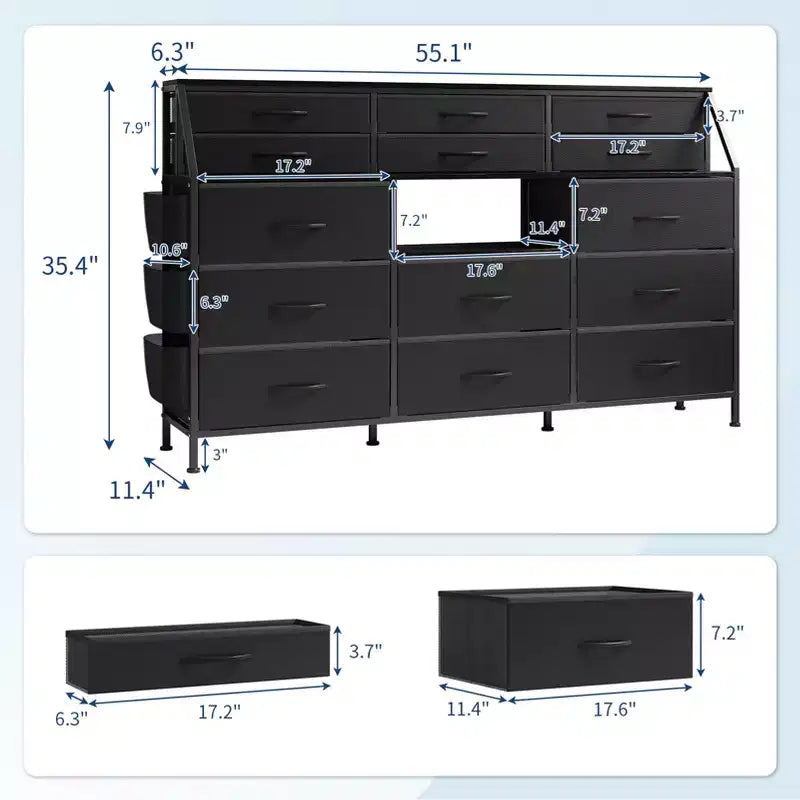 Black/White Dresser for Bedroom, 55 Wide Modern Dresser TV Stand with 14 Fabric Drawers, Large Clothing Storage Cabinet, Drawers Organizer