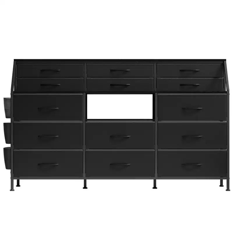 Black/White Dresser for Bedroom, 55 Wide Modern Dresser TV Stand with 14 Fabric Drawers, Large Clothing Storage Cabinet, Drawers Organizer