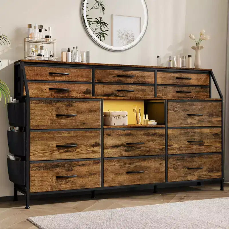 Black/White Dresser for Bedroom, 55 Wide Modern Dresser TV Stand with 14 Fabric Drawers, Large Clothing Storage Cabinet, Drawers Organizer