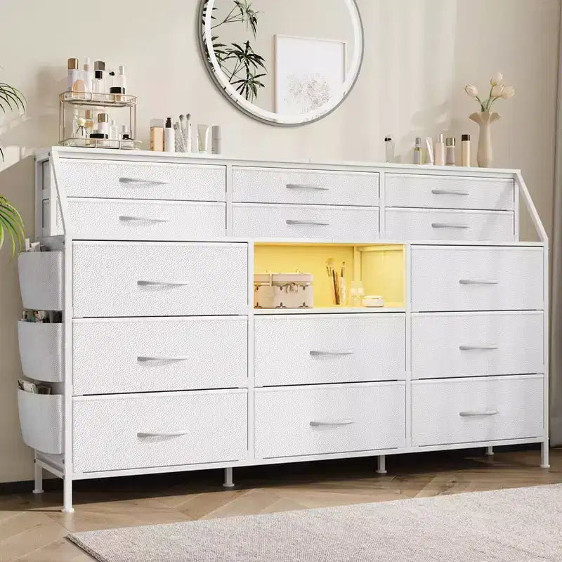 Black/White Dresser for Bedroom, 55 Wide Modern Dresser TV Stand with 14 Fabric Drawers, Large Clothing Storage Cabinet, Drawers Organizer