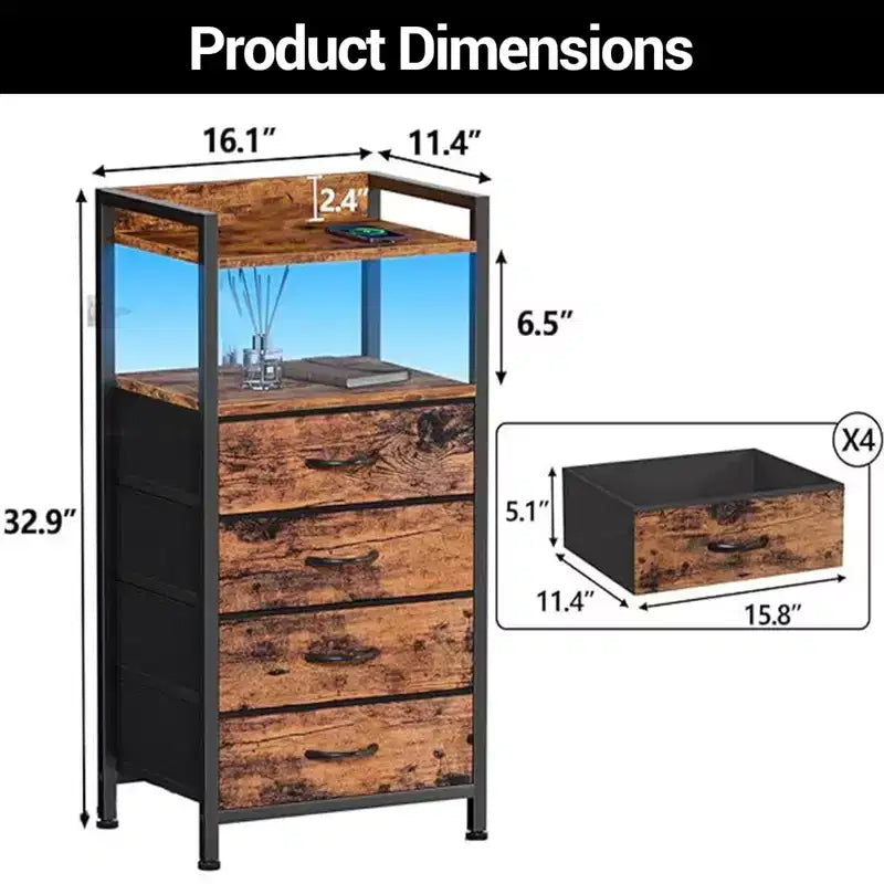 Bedside Table with 4 Fabric Drawers & Open Shelf - Multi-Functional Nightstand for Bedroom, Living Room & Office