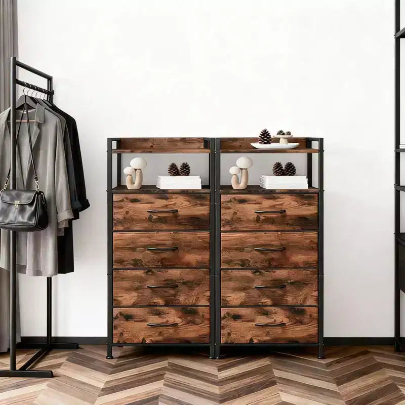 Bedside Table with 4 Fabric Drawers & Open Shelf - Multi-Functional Nightstand for Bedroom, Living Room & Office
