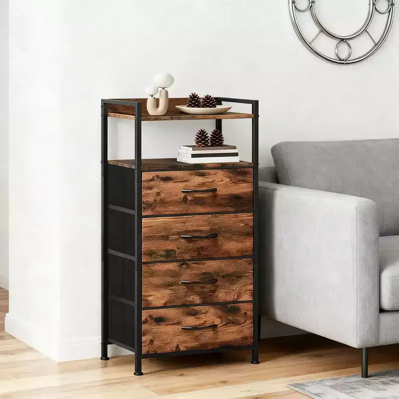 Bedside Table with 4 Fabric Drawers & Open Shelf - Multi-Functional Nightstand for Bedroom, Living Room & Office