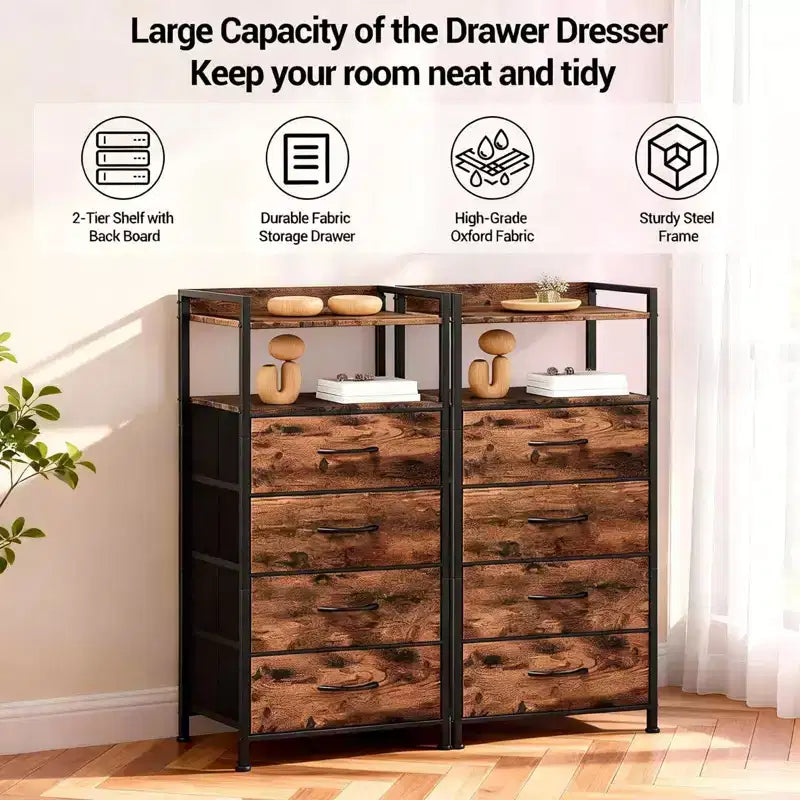 Bedside Table with 4 Fabric Drawers & Open Shelf - Multi-Functional Nightstand for Bedroom, Living Room & Office