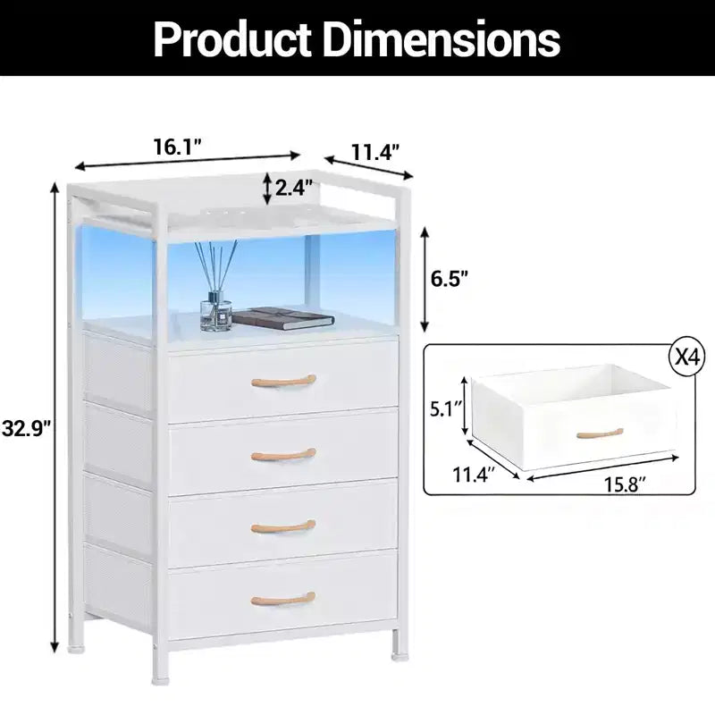 Bedside Table with 4 Fabric Drawers & Open Shelf - Multi-Functional Nightstand for Bedroom, Living Room & Office