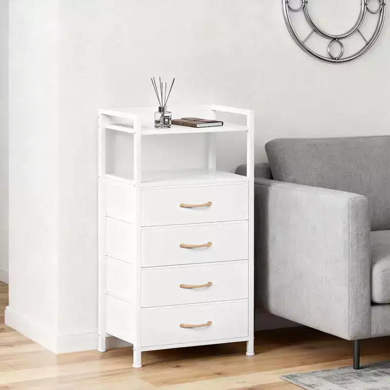 Bedside Table with 4 Fabric Drawers & Open Shelf - Multi-Functional Nightstand for Bedroom, Living Room & Office