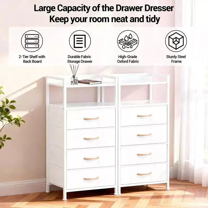 Bedside Table with 4 Fabric Drawers & Open Shelf - Multi-Functional Nightstand for Bedroom, Living Room & Office
