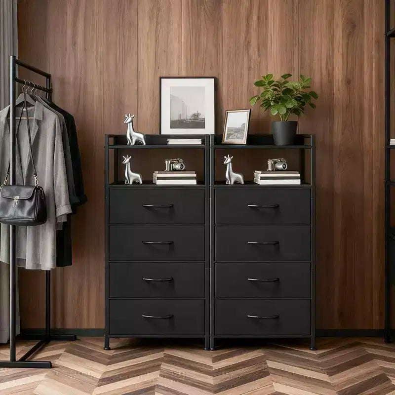 Bedside Table with 4 Fabric Drawers & Open Shelf - Multi-Functional Nightstand for Bedroom, Living Room & Office