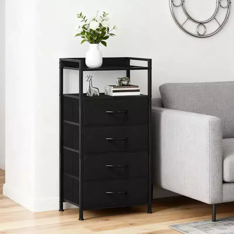 Bedside Table with 4 Fabric Drawers & Open Shelf - Multi-Functional Nightstand for Bedroom, Living Room & Office