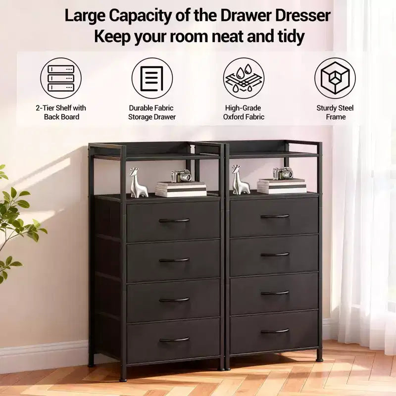 Bedside Table with 4 Fabric Drawers & Open Shelf - Multi-Functional Nightstand for Bedroom, Living Room & Office