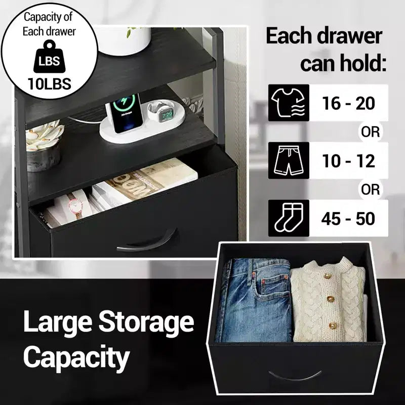 Bedside Table with 4 Fabric Drawers & Open Shelf - Multi-Functional Nightstand for Bedroom, Living Room & Office