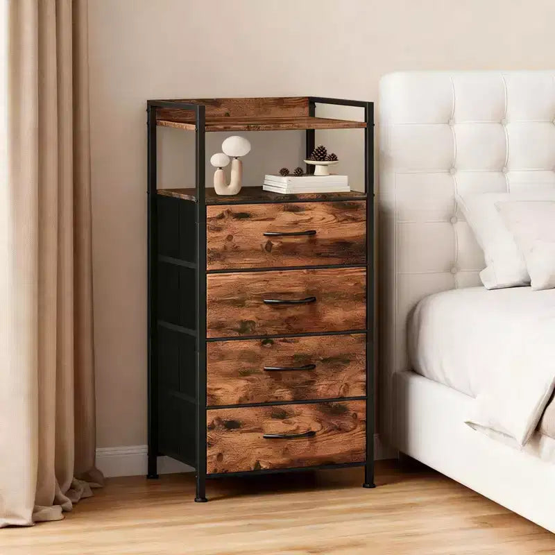 Bedside Table with 4 Fabric Drawers & Open Shelf - Multi-Functional Nightstand for Bedroom, Living Room & Office