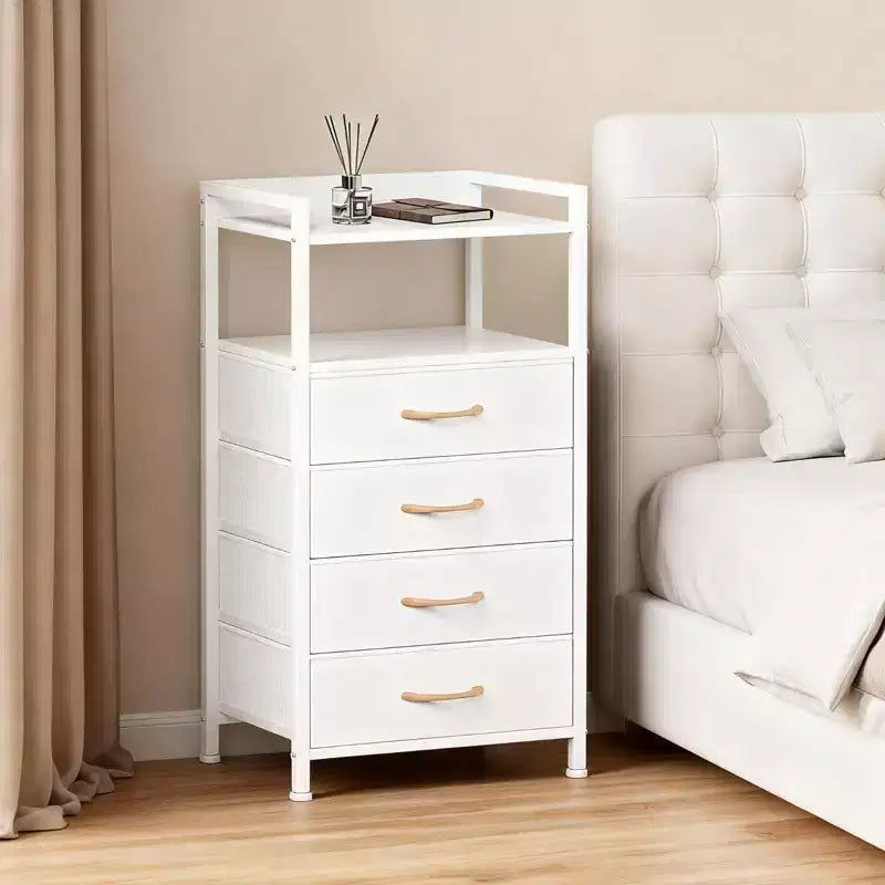 Bedside Table with 4 Fabric Drawers & Open Shelf - Multi-Functional Nightstand for Bedroom, Living Room & Office