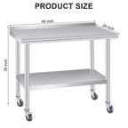 Stainless Steel Prep Table with Backsplash, Adjustable Undershelf and 4 Caster Wheels, Commercial Heavy Duty Table with Adjustable Under Shelf