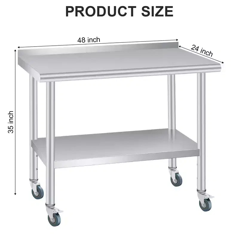 Stainless Steel Prep Table with Backsplash, Adjustable Undershelf and 4 Caster Wheels, Commercial Heavy Duty Table with Adjustable Under Shelf