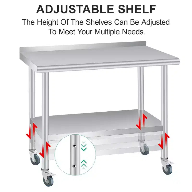 Stainless Steel Prep Table with Backsplash, Adjustable Undershelf and 4 Caster Wheels, Commercial Heavy Duty Table with Adjustable Under Shelf